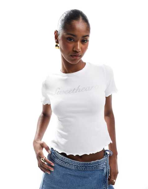 Pieces sweetheart diamante cropped t-shirt in white - view 1