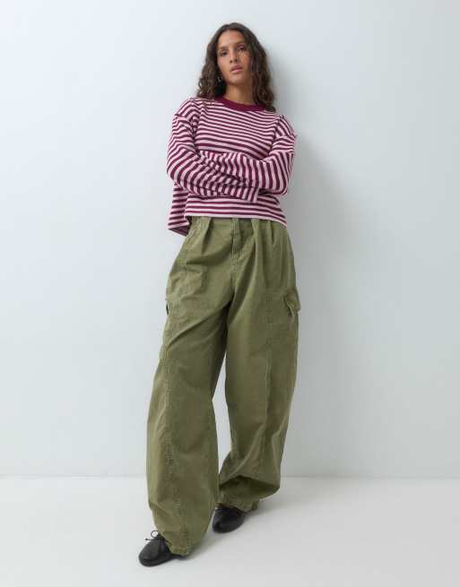 Pieces sweter oversize z długim rękawem w bordowo-różowe paski, 3 z 5