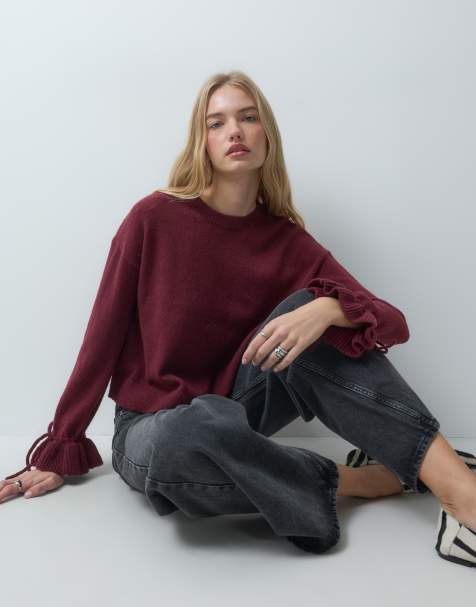 Pieces sweter z wiązanymi mankietami w kolorze bordowym - view 1