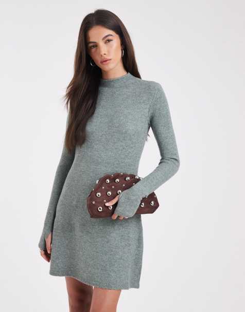 Pieces – Szara melanżowa sukienka dzianinowa mini z długimi rękawami - view 1