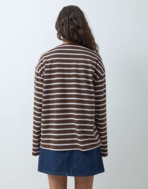 Pieces T-shirt a maniche lunghe a righe rosa e marroni, 4 di 5
