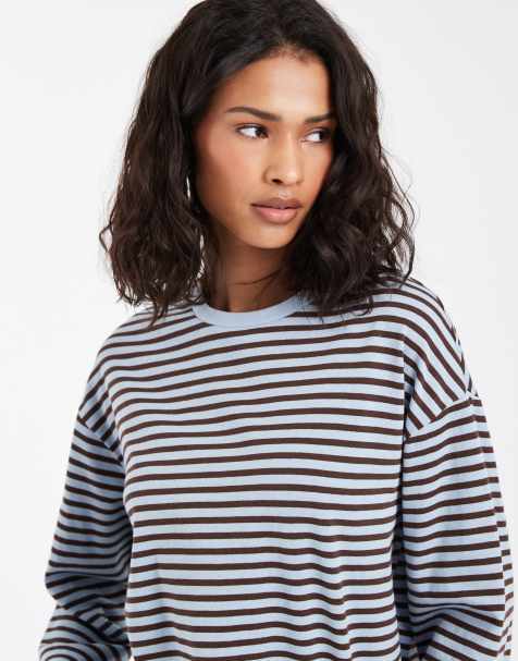 Pieces - T-shirt a maniche lunghe azzurra e marrone a righe - view 1