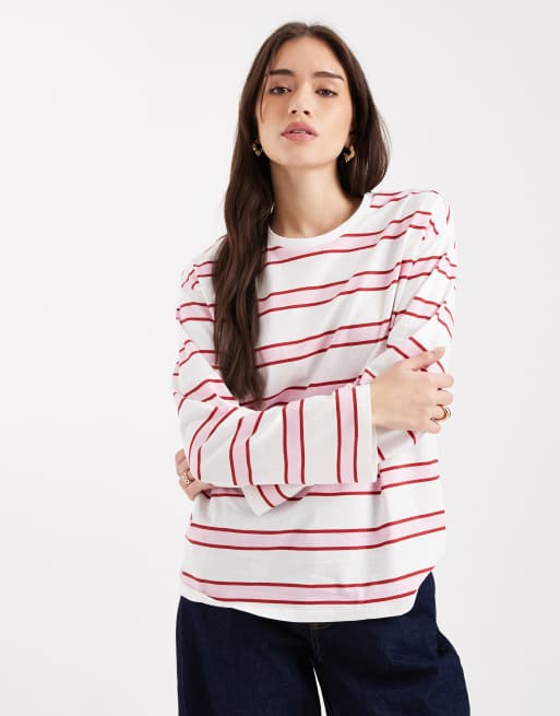 Pieces - T-shirt a maniche lunghe oversize stile rugby rosa a righe multicolore