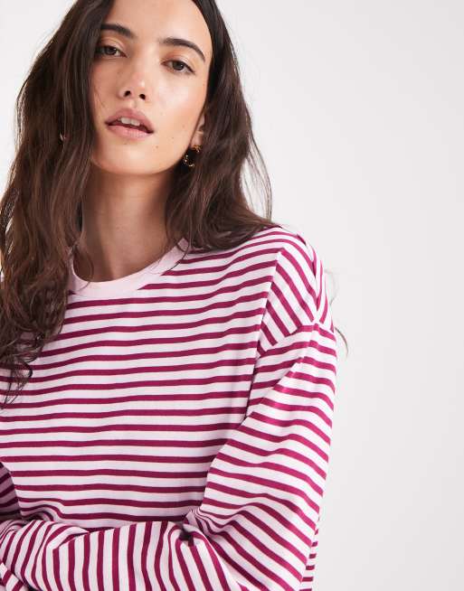 Pieces T-shirt a maniche lunghe super morbida a righe rosa e bianche, 3 di 4