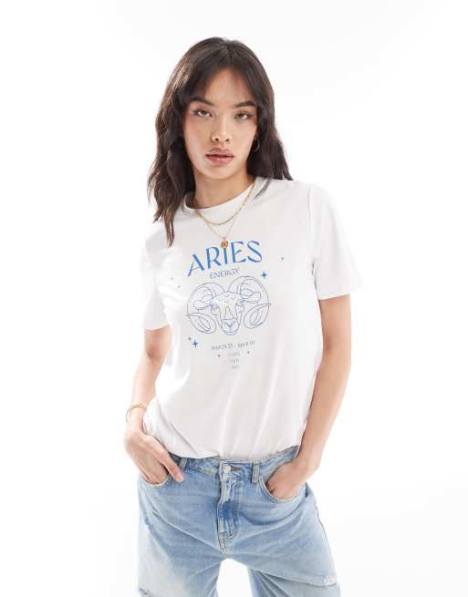 Pieces - T-shirt avec imprimé signe du zodiaque Bélier - Blanc