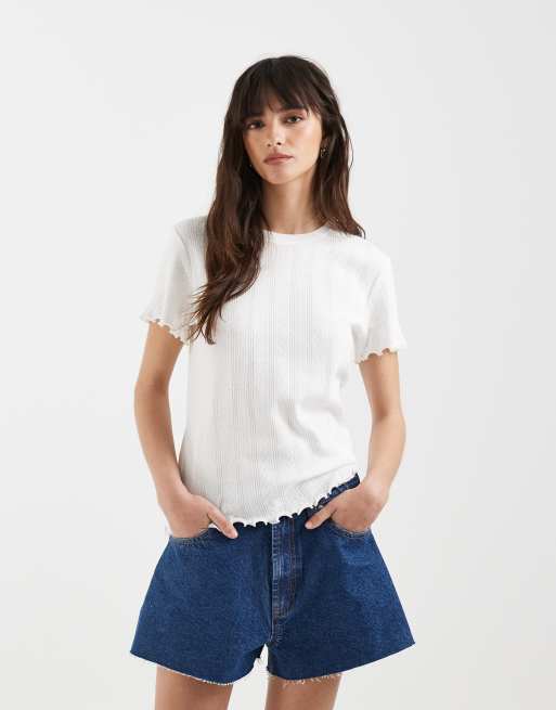 Pieces - T-shirt bianca con bordi smerlati, 3 di 4