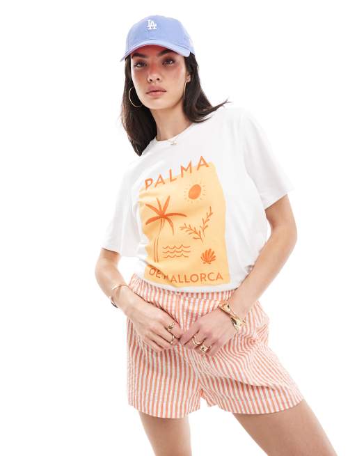 Pieces - T-shirt bianca con stampa "Palma De Mallorca" sul davanti, 3 di 4
