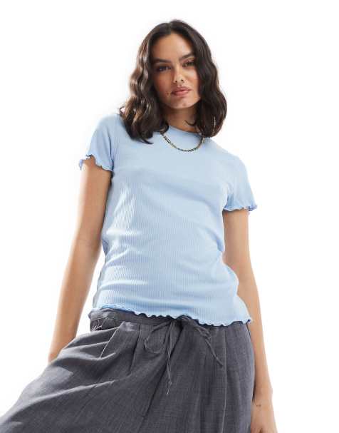Pieces - T-shirt blu tenue con bordi smerlati - view 1