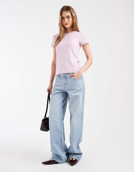 Pieces - T-shirt color orchidea con bordi ondulati, 2 di 4
