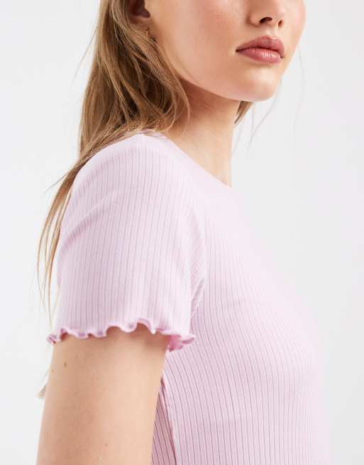 Pieces - T-shirt color orchidea con bordi ondulati, 3 di 4