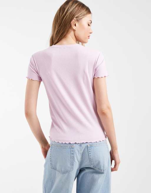 Pieces - T-shirt color orchidea con bordi ondulati, 4 di 4