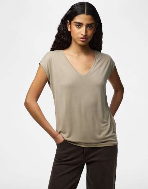 Pieces - T-shirt color visone argento con scollo a V - view 1