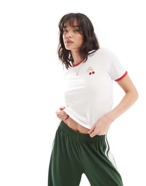 Pieces - T-shirt corta bianca con finiture a contrasto e stampa con ciliegie - view 1