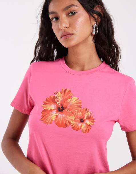 Pieces - T-shirt crop top à imprimé hibiscus - Rose et orange - view 1