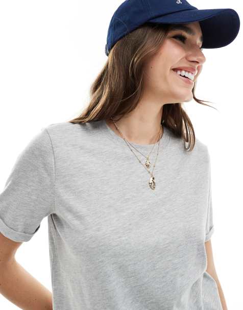 Pieces - T-shirt in cotone grigia con risvolto - view 1
