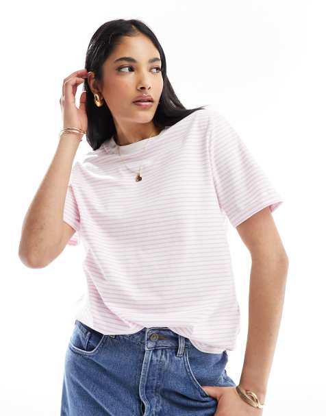 Pieces – T-Shirt in Pastelllila gestreift mit Umschlagärmeln - view 1