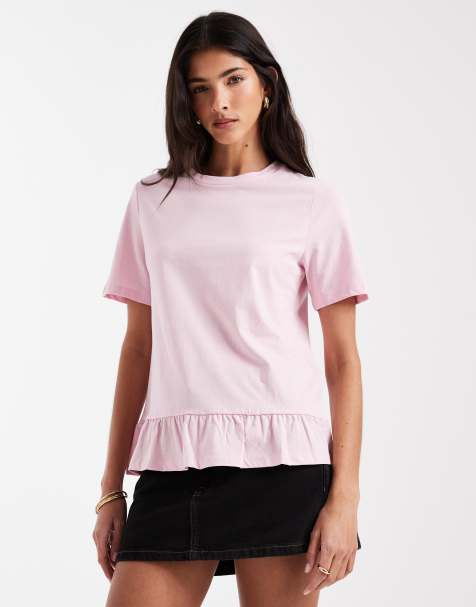 Pieces – T-Shirt in Rosa mit Rüschensaum - view 1