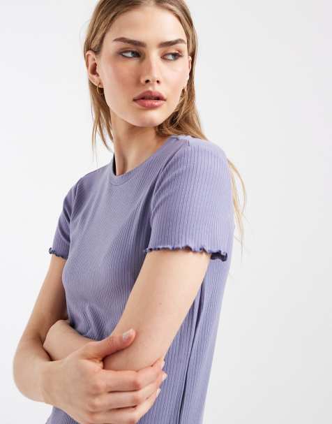 Pieces – T-Shirt in Schieferblau mit Wellenrand - view 1