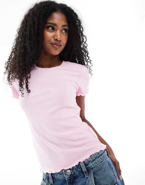 Pieces - T-shirt met geschulpte zoom in roze - view 1