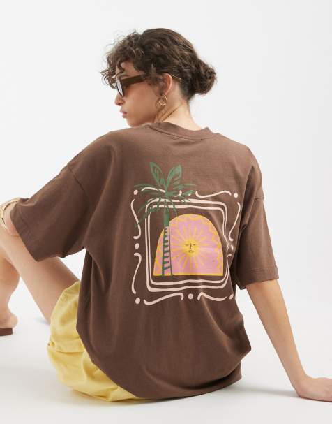 Pieces - T-shirt met grafische zonsondergangprint in diep mahoniebruin met wassing - view 1
