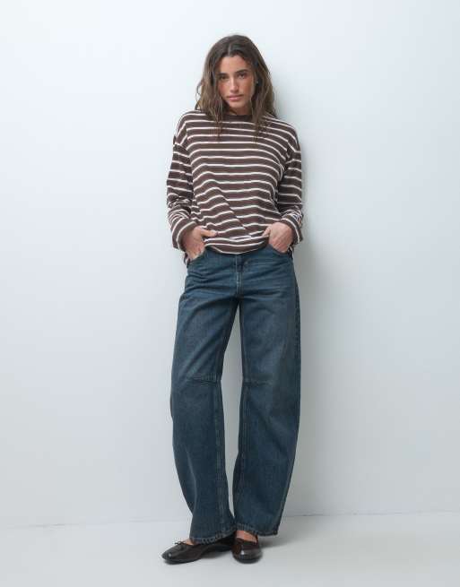 Pieces T-Shirt mit Taillendetail, langärmelig, Oversize, mit Schoko-Pflaumenstreifen, 3 von 4