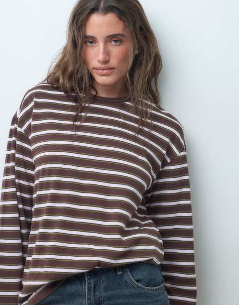 Pieces t-shirt oversize à manches longues avec détail à la taille à rayures chocolat et prune - view 1