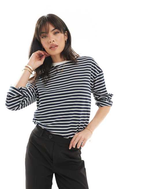 Pieces - T-shirt oversize a maniche lunghe blu navy a righe