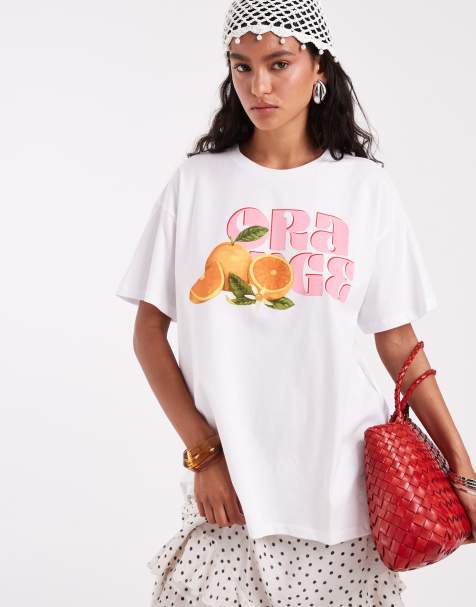 Pieces - T-shirt oversize bianca con grafica arance - view 1