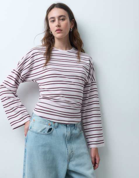 Pieces T-shirt oversize z długim rękawem, detal w talii, w paski orchid ice - view 1