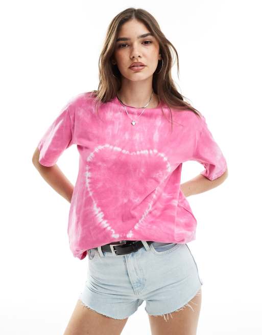 Pieces – T-shirt oversize z motywem serca i różowym efektem tie dye