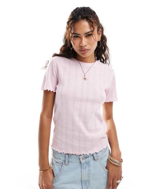 Pieces - T-shirt rosa traforata con dettagli smerlati - view 1