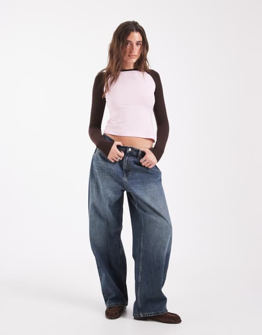 Pieces t-shirt slim à manches longues contrasté rose pâle et marron, 4 de 4