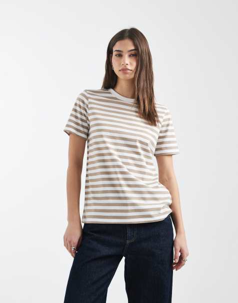 Pieces - T-shirt squadrata a maniche corte a righe visone argento e bianche - view 1