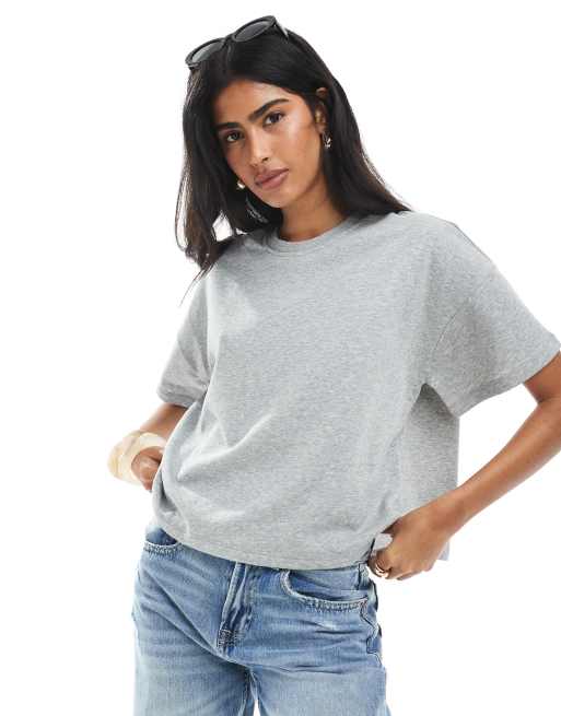 Pieces - T-shirt squadrata in tessuto felpato grigio chiaro, 2 di 4