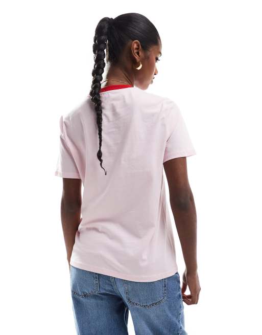 Pieces - T-shirt squadrata rosa con bordo rosso, 2 di 4
