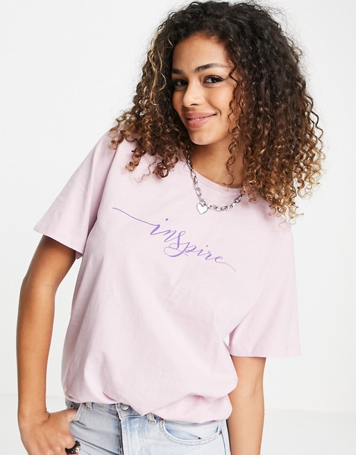 Pieces t-shirt with inspire slogan in pink