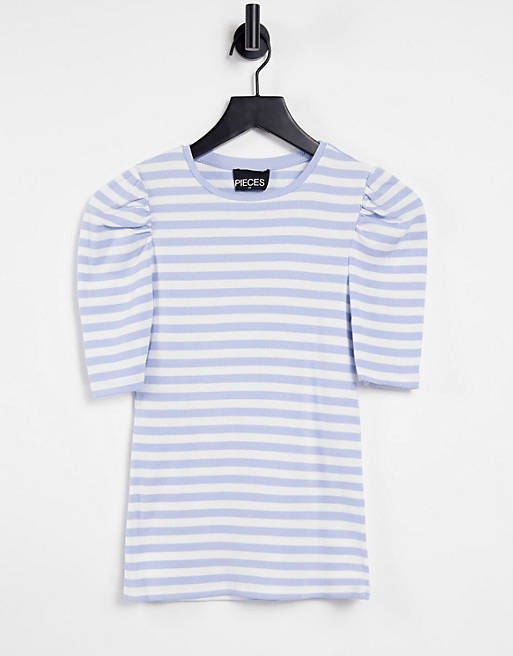 Pieces t-shirt with puff sleeves in blue stripe