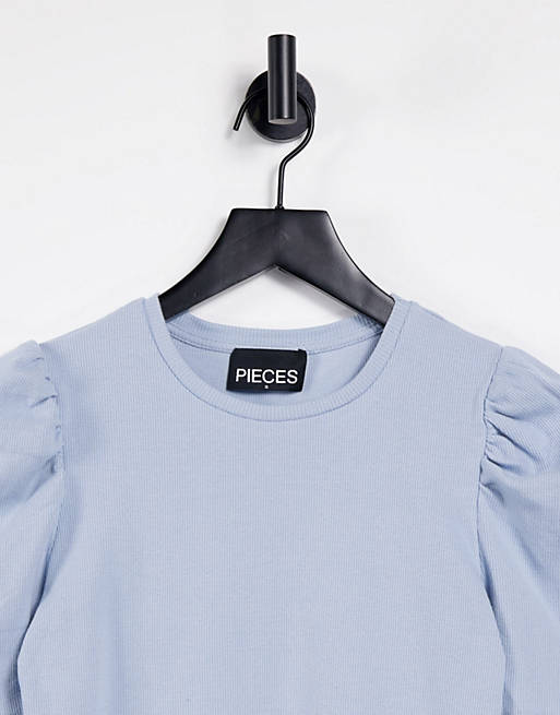 Tops Pieces t-shirt with puff sleeves in blue 