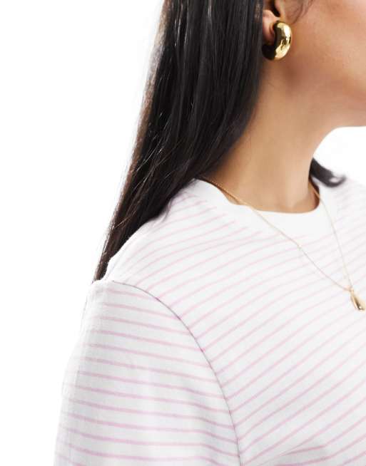 Pieces – T-shirt z podwiniętym rękawem w pastelowoliliowe paski, 2 z 4