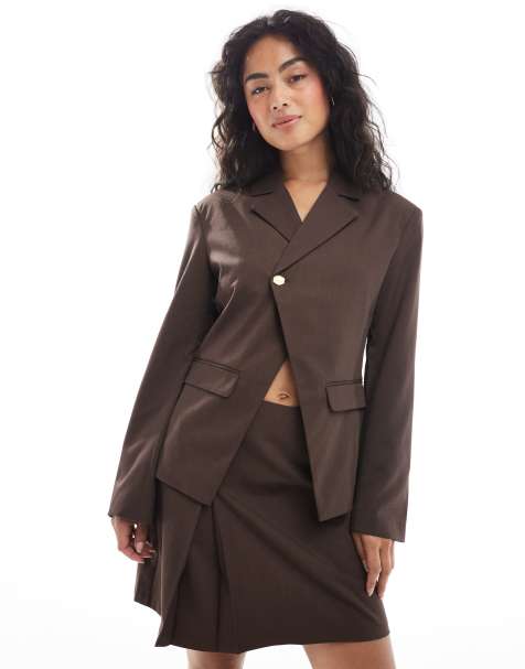 Pieces tailored asymetric hammered button blazer co-ord in brown - view 1