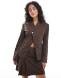 [Pieces] Pieces tailored asymmetric hammered button blazer in brown (part of a set) XL Delicioso