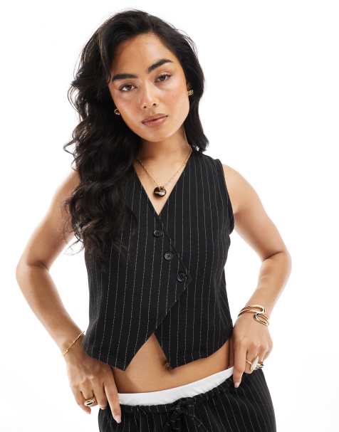 Pieces tailored asymmetric placket detail waistcoat co-ord in black pinstripe
