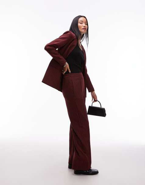 Pieces tailored blazer and trouser set in burgundy pinstripe - view 1
