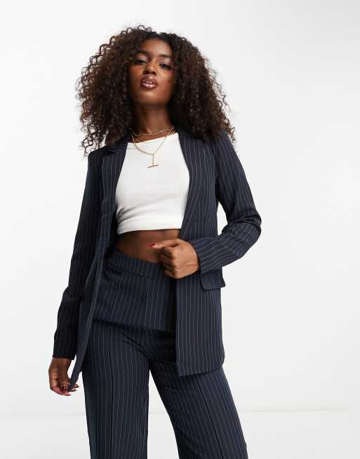 Pinstripe Tailored Blazer And Pants Two-Piece Suit