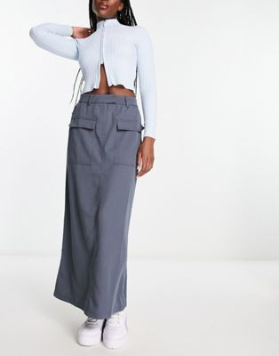 Pieces exclusive tailored cargo midi skirt in charcoal