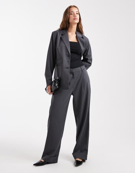 Pieces tailored fold up trouser co-ord in dark grey melange - view 1