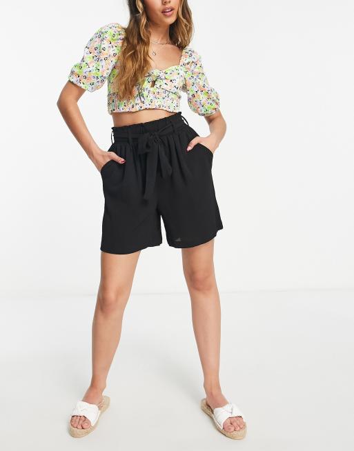 Pieces tailored high waisted paperbag shorts in black