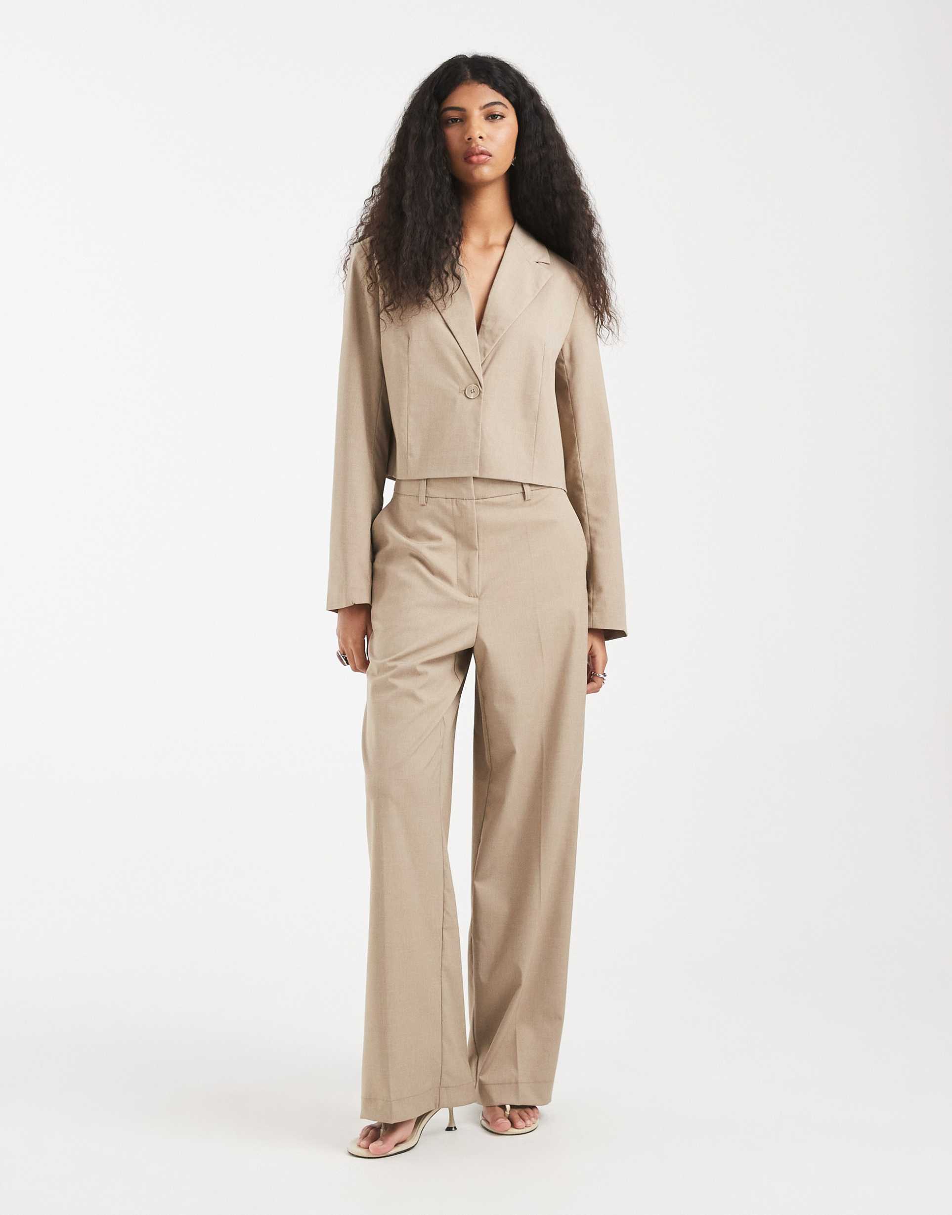 pieces tailored high waisted wide leg pants in beige - part of a set