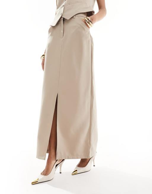 Pieces tailored maxi skirt with front split in stone (part of a set), 4 of 5
