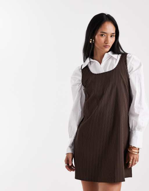 Pieces tailored mini dress in chocolate brown pinstripe , 3 of 4
